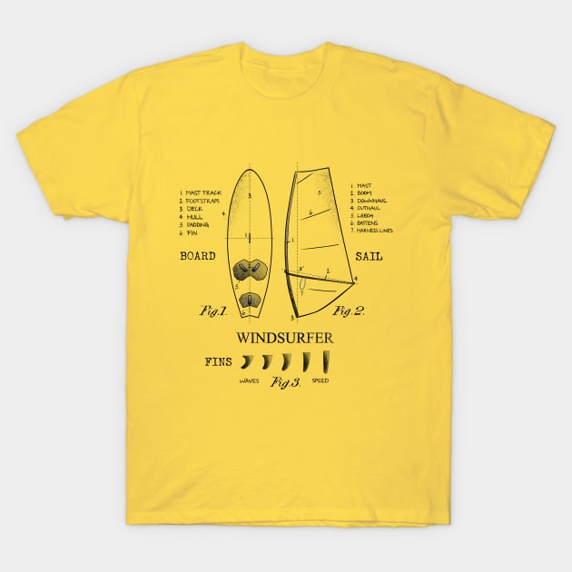 Windsurfer Equipment Gear Board, Sail and Fins Legend Vintage Black Drawing T-Shirt by French Salsa